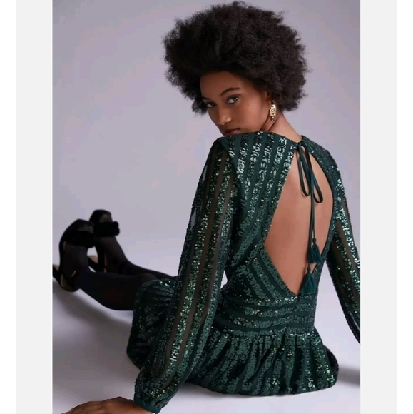 NEW ANTHROPOLOGIE SEQUINED OPEN-BACK MINI GREEN DRESS - Picture 2 of 7